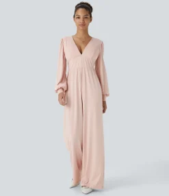 Jumpsuits<HALARA V Neck Puff Long Sleeve Casual Jumpsuit