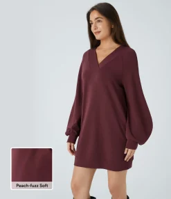 Mini Dresses|Dresses<HALARA V Neck Raglan Bishop Long Sleeve Relaxed Mini Casual Sweatshirt Dress