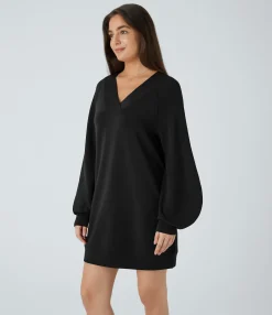 Mini Dresses|Dresses<HALARA V Neck Raglan Bishop Long Sleeve Relaxed Mini Casual Sweatshirt Dress