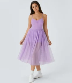 Maxi & Midi Dresses|Dresses<HALARA V Neck Ruched Lace Up Contrast Mesh Midi Casual Dress