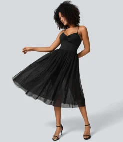 Maxi & Midi Dresses|Dresses<HALARA V Neck Ruched Lace Up Contrast Mesh Midi Casual Dress