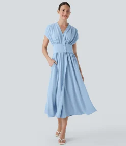 Dresses|Maxi & Midi Dresses<HALARA V Neck Shirred Flowy Midi Casual Dress with Pockets