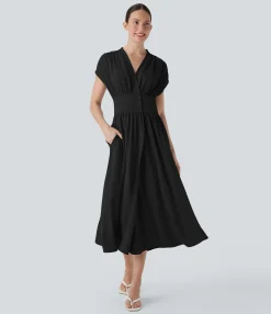 Dresses|Maxi & Midi Dresses<HALARA V Neck Shirred Flowy Midi Casual Dress with Pockets