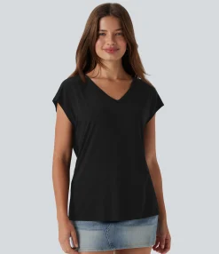 Casual Tops|T-Shirts<HALARA V Neck Short Sleeve Casual T-Shirt