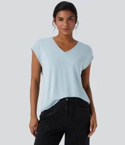 Casual Tops|T-Shirts<HALARA V Neck Short Sleeve Casual T-Shirt