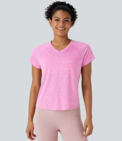 Yoga Tops|Sports Tops<HALARA V Neck Short Sleeve Contrast Mesh Yoga Sports Top