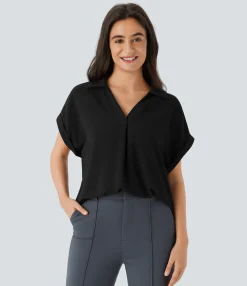 Work Tops|Shirts Blouses<HALARA V Neck Short Sleeve Curved Hem Work Shirt