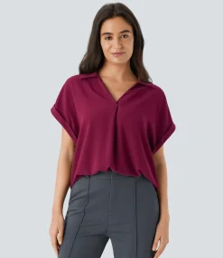 Work Tops|Shirts Blouses<HALARA V Neck Short Sleeve Curved Hem Work Shirt