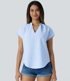 Casual Tops<HALARA V Neck Short Sleeve Curved Hem Stripe Casual Top