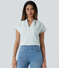 Casual Tops<HALARA V Neck Short Sleeve Curved Hem Stripe Casual Top