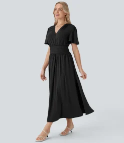 Maxi & Midi Dresses|Dresses<HALARA V Neck Short Sleeve Draped Flowy Midi Dress