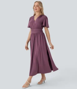 Maxi & Midi Dresses|Dresses<HALARA V Neck Short Sleeve Draped Flowy Midi Dress