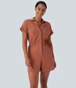 Jumpsuits<HALARA V Neck Short Sleeve Invisible Pocket Casual Linen-Feel Romper