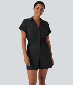 Jumpsuits<HALARA V Neck Short Sleeve Invisible Pocket Casual Linen-Feel Romper