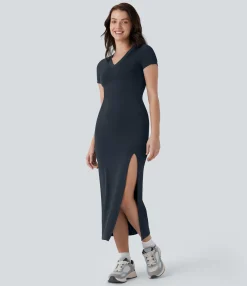 Dresses|Maxi & Midi Dresses<HALARA V Neck Short Sleeve Midi Slim Casual Tee Dress