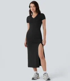 Dresses|Maxi & Midi Dresses<HALARA V Neck Short Sleeve Midi Slim Casual Tee Dress