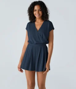 Jumpsuits<HALARA V Neck Short Sleeve Pocket Waffle Casual Romper