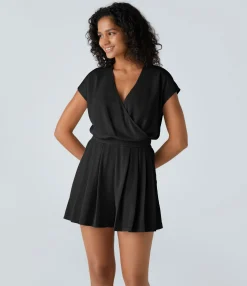 Jumpsuits<HALARA V Neck Short Sleeve Pocket Waffle Casual Romper