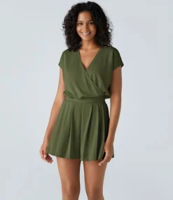 Jumpsuits<HALARA V Neck Short Sleeve Pocket Waffle Casual Romper