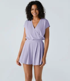 Jumpsuits<HALARA V Neck Short Sleeve Pocket Waffle Casual Romper