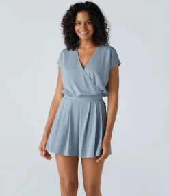 Jumpsuits<HALARA V Neck Short Sleeve Pocket Waffle Casual Romper