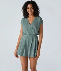 Jumpsuits<HALARA V Neck Short Sleeve Pocket Waffle Casual Romper