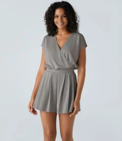 Jumpsuits<HALARA V Neck Short Sleeve Pocket Waffle Casual Romper