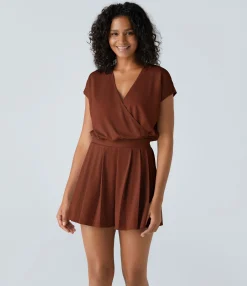 Jumpsuits<HALARA V Neck Short Sleeve Pocket Waffle Casual Romper