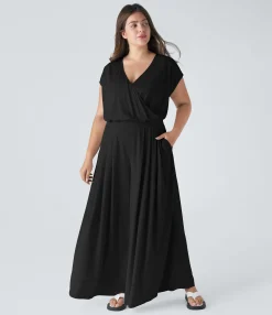 Plus Size<HALARA V Neck Short Sleeve Pocket Wide Leg Flowy Waffle Casual Plus Size Jumpsuit