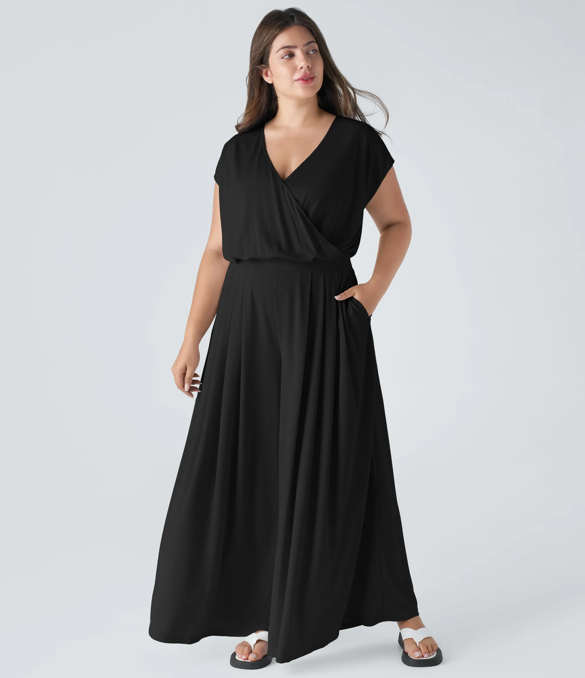 Plus Size<HALARA V Neck Short Sleeve Pocket Wide Leg Flowy Waffle Casual Plus Size Jumpsuit