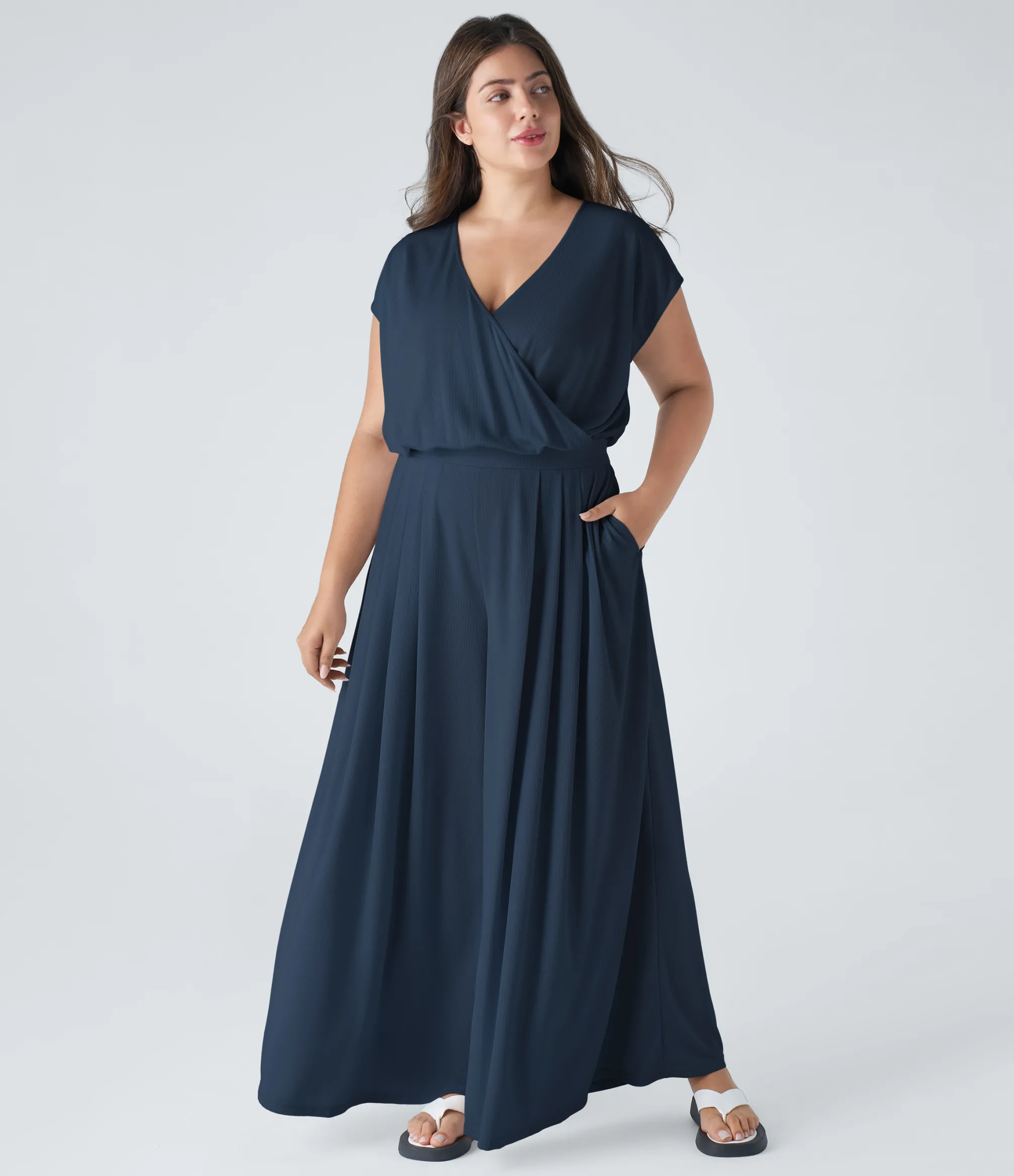 Plus Size<HALARA V Neck Short Sleeve Pocket Wide Leg Flowy Waffle Casual Plus Size Jumpsuit