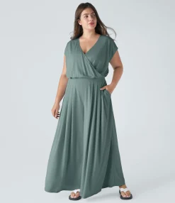 Plus Size<HALARA V Neck Short Sleeve Pocket Wide Leg Flowy Waffle Casual Plus Size Jumpsuit