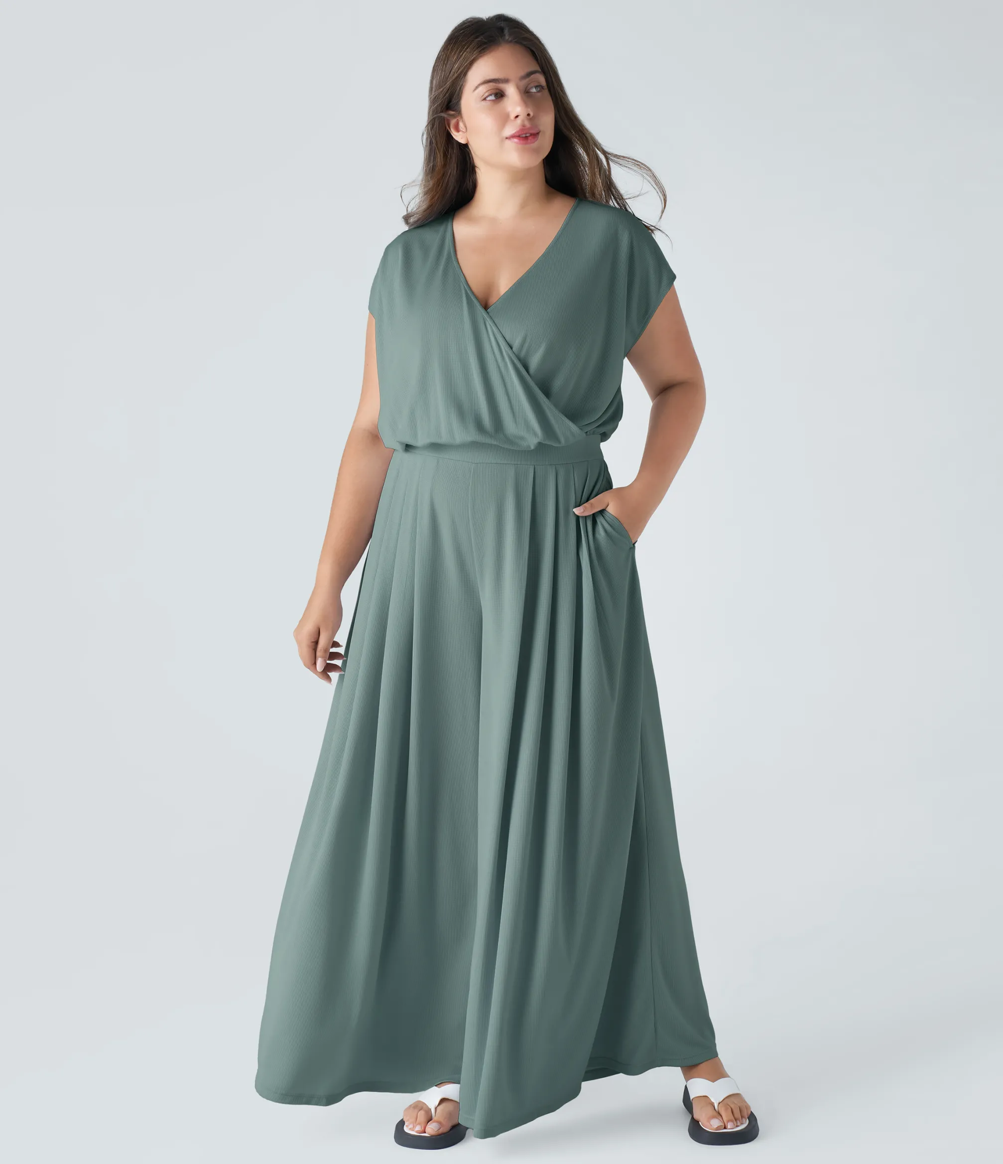Plus Size<HALARA V Neck Short Sleeve Pocket Wide Leg Flowy Waffle Casual Plus Size Jumpsuit