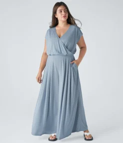 Plus Size<HALARA V Neck Short Sleeve Pocket Wide Leg Flowy Waffle Casual Plus Size Jumpsuit
