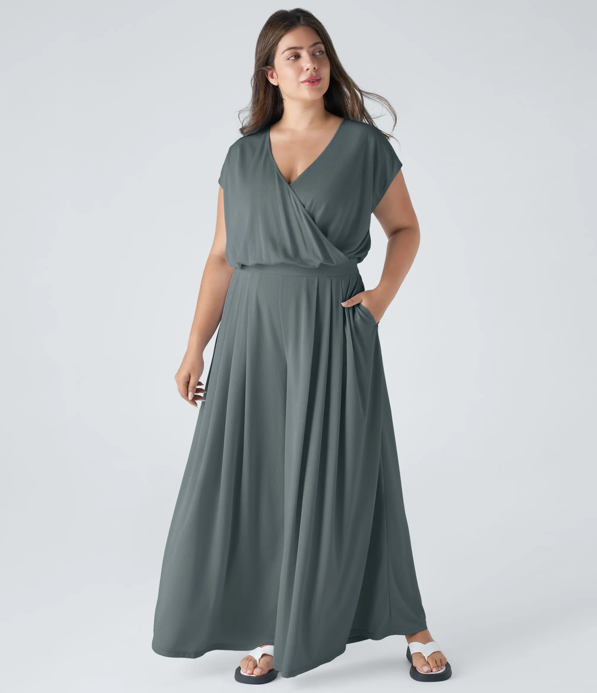 Plus Size<HALARA V Neck Short Sleeve Pocket Wide Leg Flowy Waffle Casual Plus Size Jumpsuit