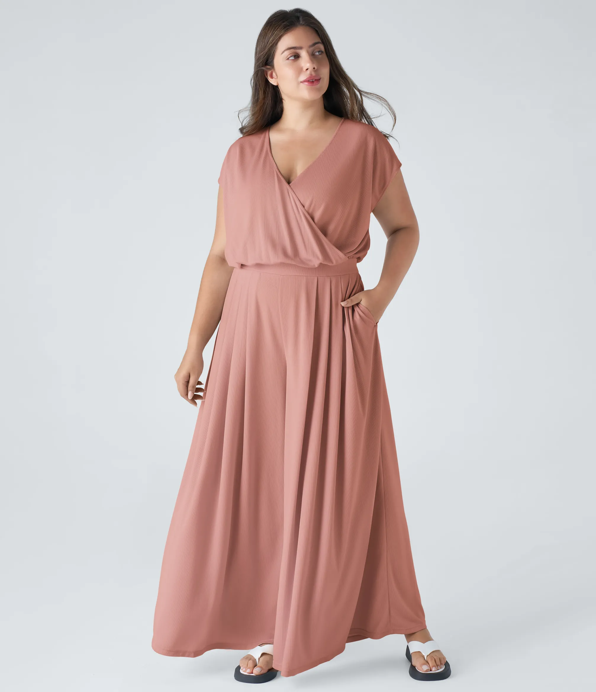 Plus Size<HALARA V Neck Short Sleeve Pocket Wide Leg Flowy Waffle Casual Plus Size Jumpsuit