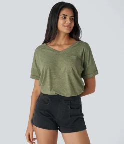 Casual Tops<HALARA V Neck Short Sleeve Pocket Casual Top