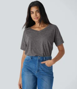 Casual Tops<HALARA V Neck Short Sleeve Pocket Casual Top