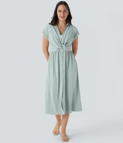 Dresses|Maxi & Midi Dresses<HALARA V Neck Short Sleeve Pocket Midi Casual Dress