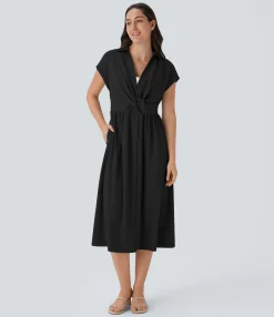 Dresses|Maxi & Midi Dresses<HALARA V Neck Short Sleeve Pocket Midi Casual Dress