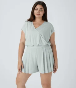 Plus Size<HALARA V Neck Short Sleeve Pocket Waffle Casual Plus Size Jumpsuit