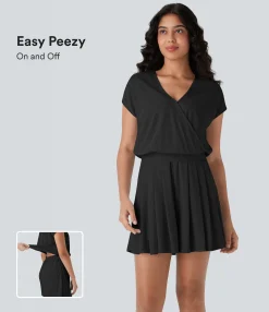 Jumpsuits<HALARA V Neck Short Sleeve Pocket Waffle Casual Romper-Easy Peezy Edition