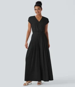 Jumpsuits<HALARA V Neck Short Sleeve Pocket Wide Leg Flowy Waffle Casual Jumpsuit-Easy Peezy Edition