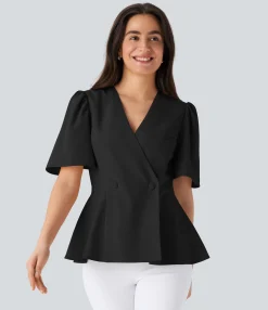 Work Tops<HALARA V Neck Short Sleeve Ruffle Hem Work Top