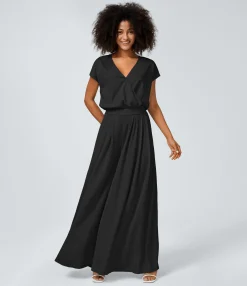 Jumpsuits<HALARA V Neck Short Sleeve Side Pocket Wide Leg Flowy Waffle Casual Jumpsuit
