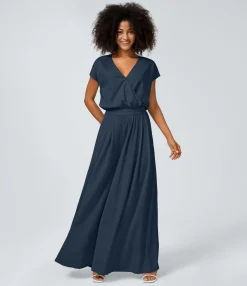 Jumpsuits<HALARA V Neck Short Sleeve Side Pocket Wide Leg Flowy Waffle Casual Jumpsuit