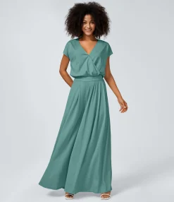 Jumpsuits<HALARA V Neck Short Sleeve Side Pocket Wide Leg Flowy Waffle Casual Jumpsuit