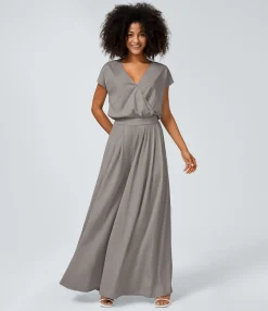 Jumpsuits<HALARA V Neck Short Sleeve Side Pocket Wide Leg Flowy Waffle Casual Jumpsuit