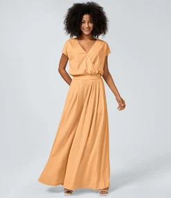Jumpsuits<HALARA V Neck Short Sleeve Side Pocket Wide Leg Flowy Waffle Casual Jumpsuit