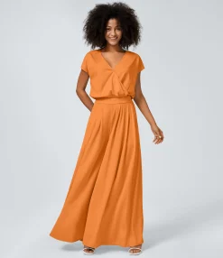 Jumpsuits<HALARA V Neck Short Sleeve Side Pocket Wide Leg Flowy Waffle Casual Jumpsuit